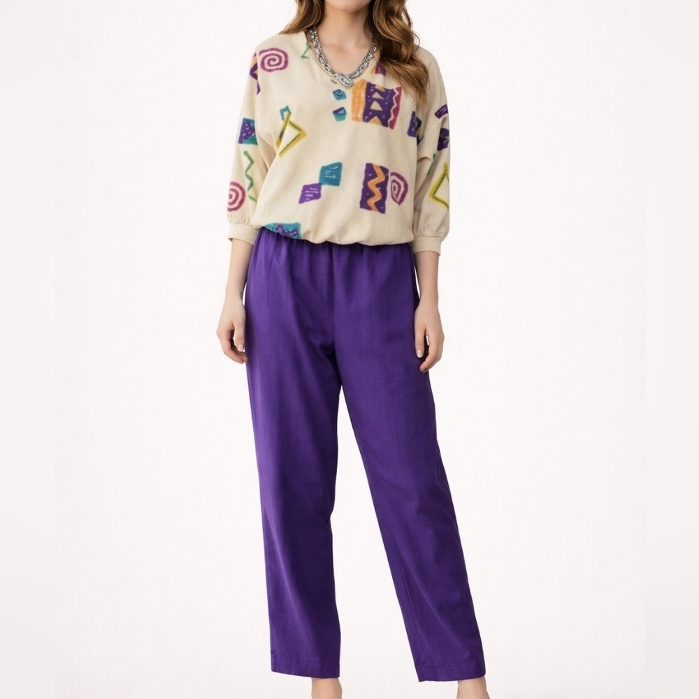Vtg 1980s KORET Purple Aztec Lounge Swishy Track Festival Pant Suit